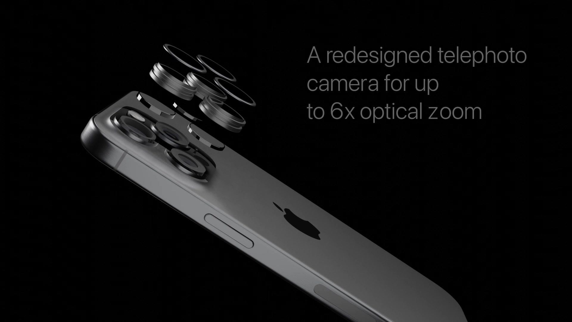 A CG-rendered iPhone with its telephoto camera lenses exploded apart, from a self-made concept product ad