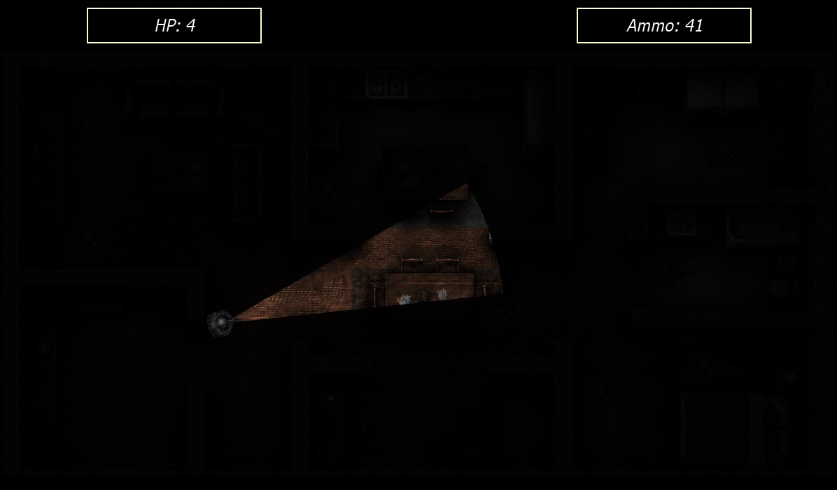 Gameplay screenshot of Sightline: a cone-shaped flashlight beam is the only lit area in an otherwise black screen, revealing part of a wooden room, with HP and Ammo readouts at the top